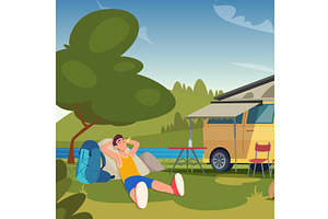 Tourist camp. male backpackers, a Sport Illustration by Onyx