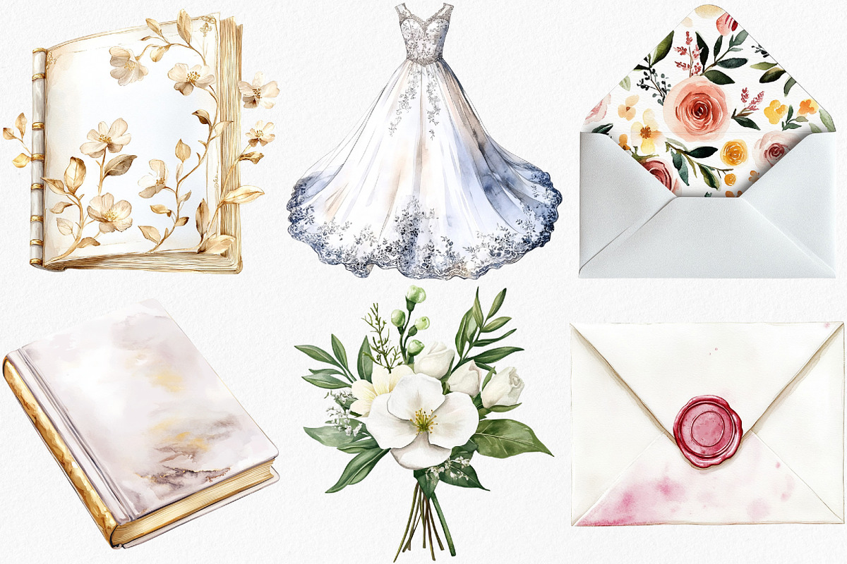 Watercolor White Wedding Day Clipart, an Illustration by Canvas Craft (Photo 3 of 8)
