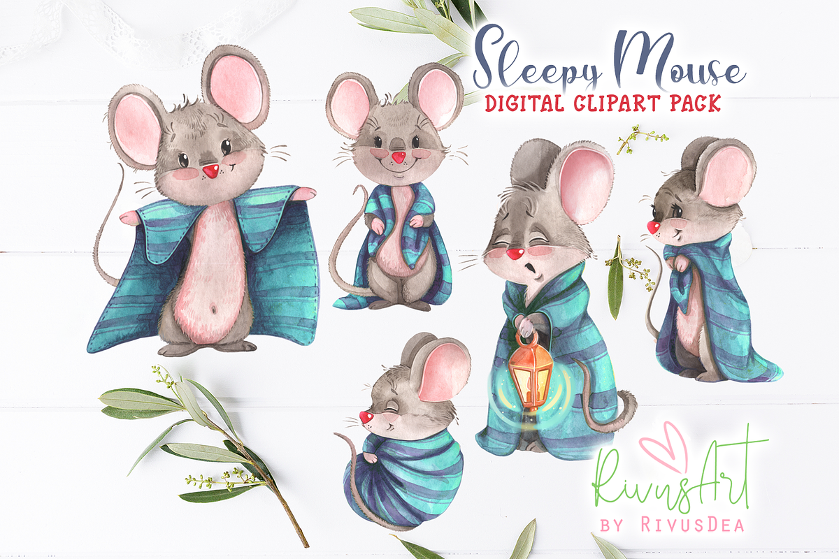 Sleepy baby mouse clipart bundle., a Decorative Illustration by RivusArt (Photo 2 of 4)