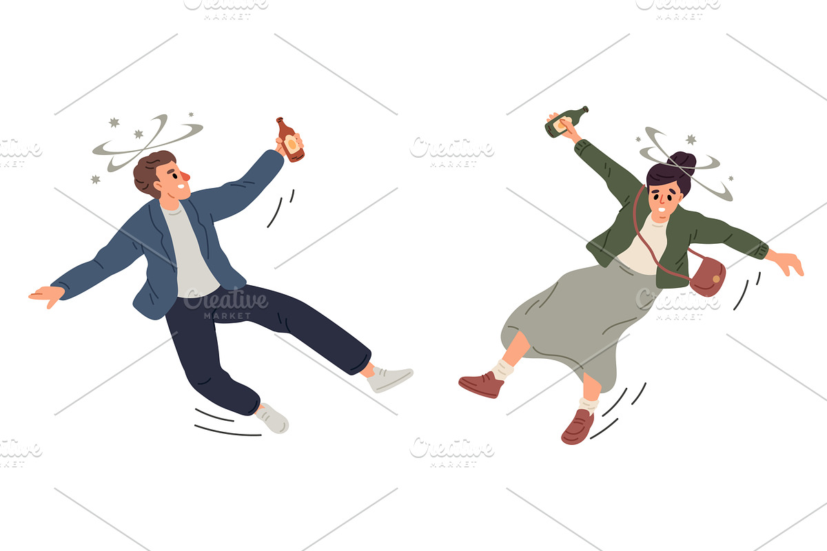 Drunken man and woman lose their, a Food Illustration by Vectorbuum