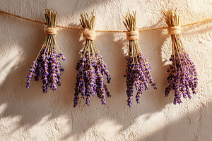 Dried lavender bunches hanging on a rustic twine against a textured wall, a Photo by AlyaAnd
