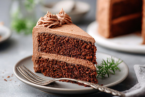 Delicious sponge cake slice with smooth chocolate frosting on a gray plate, a Food & Drink Photo by AlyaAnd