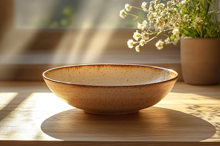 Ceramic bowl on wooden table with sunlight and flowers creating a serene atmosp, a Food & Drink Photo by AlyaAnd
