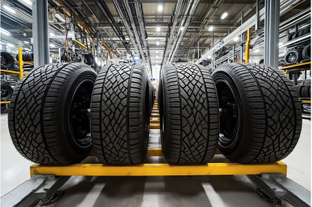 A set of five car tires mounted on a, an Industrial Photo by Sergey Kotenev