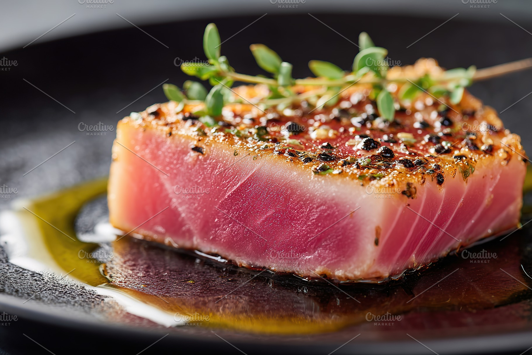 Freshly seared tuna steak garnished with herbs and olive oil on a dark plate, a Food & Drink Photo by AlyaAnd