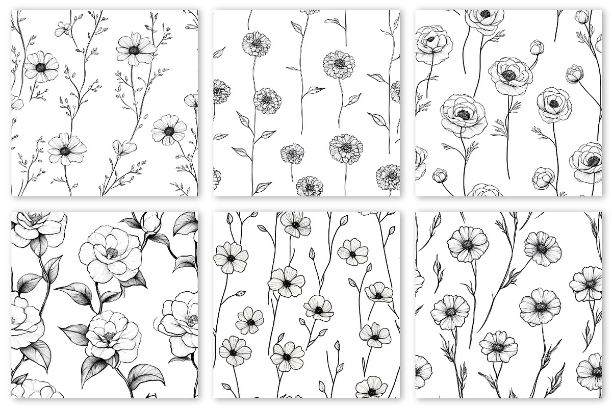 Flower Line Art Seamless Bundle, a Texture Illustration by Dream Creation