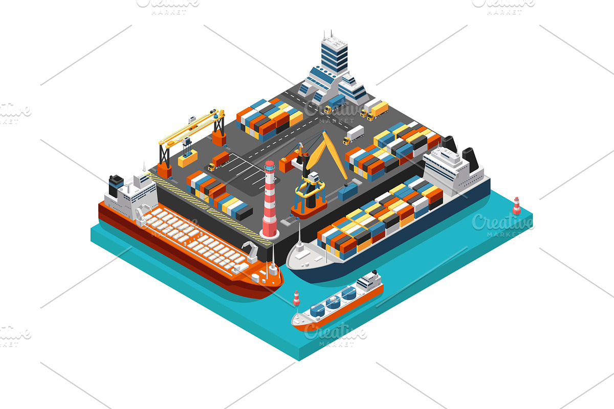 Isometric 3d seaport terminal with, a Background Graphic by Valerie Bodnar