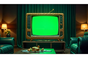 A dark room with only a green screen, a Graphic by TatsianaSalauyova