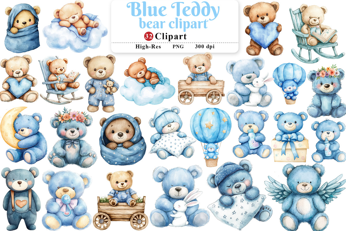 Cute Blue Teddy bear clipart, an Illustration by Watercolor design (Photo 1 of 12)