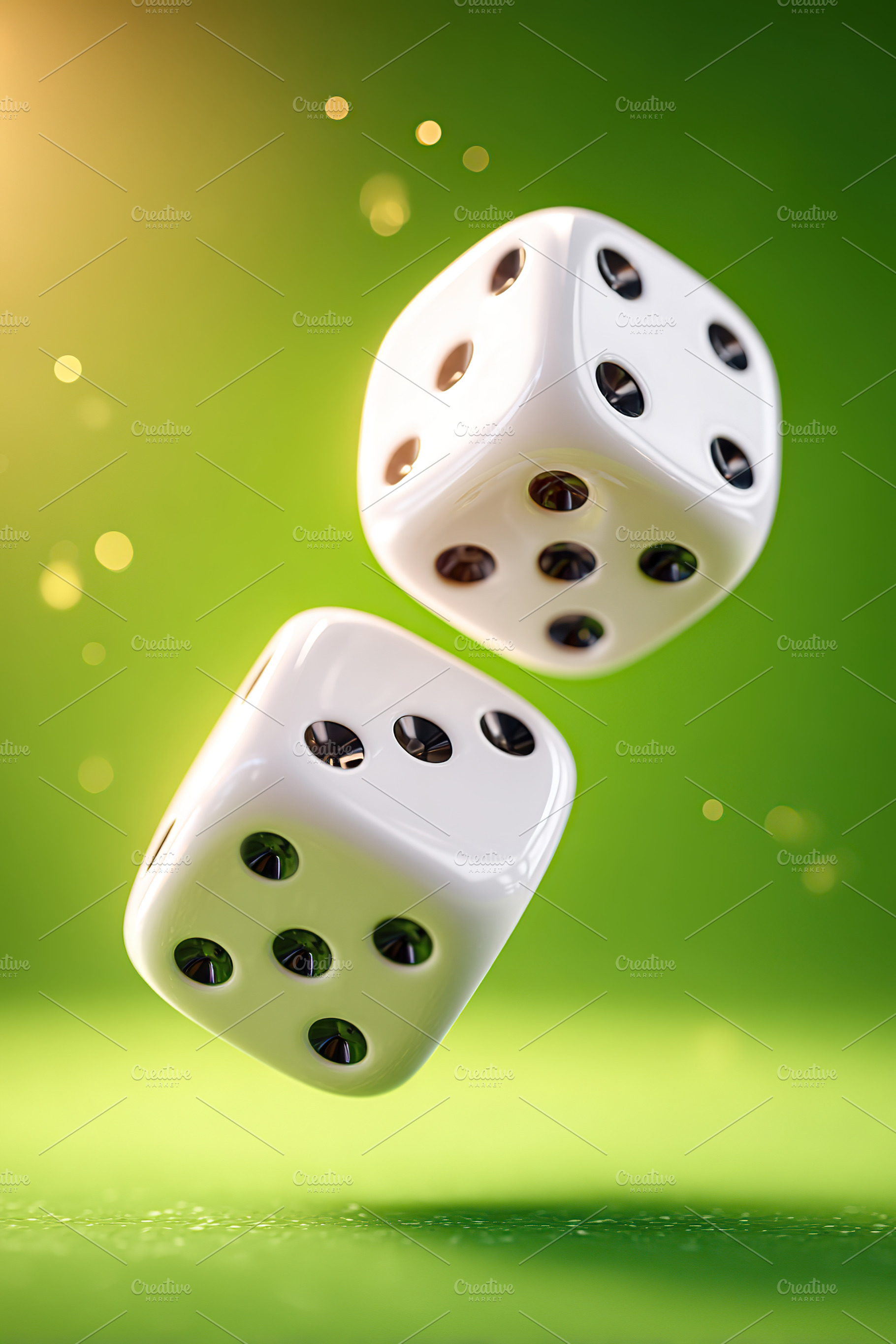 Glossy white playing dice suspended in mid-air against a green background, a Sports & Recreation Photo by AlyaAnd
