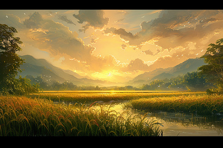A vibrant painting of a sunset with, a Photo by LOGOCREATIVE
