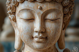 Wooden Buddha sculpture depicting tr, a Photo by Tanuart