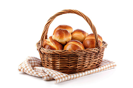 Freshly different baked buns in basket isolated on white background, a Food & Drink Photo by AlyaAnd