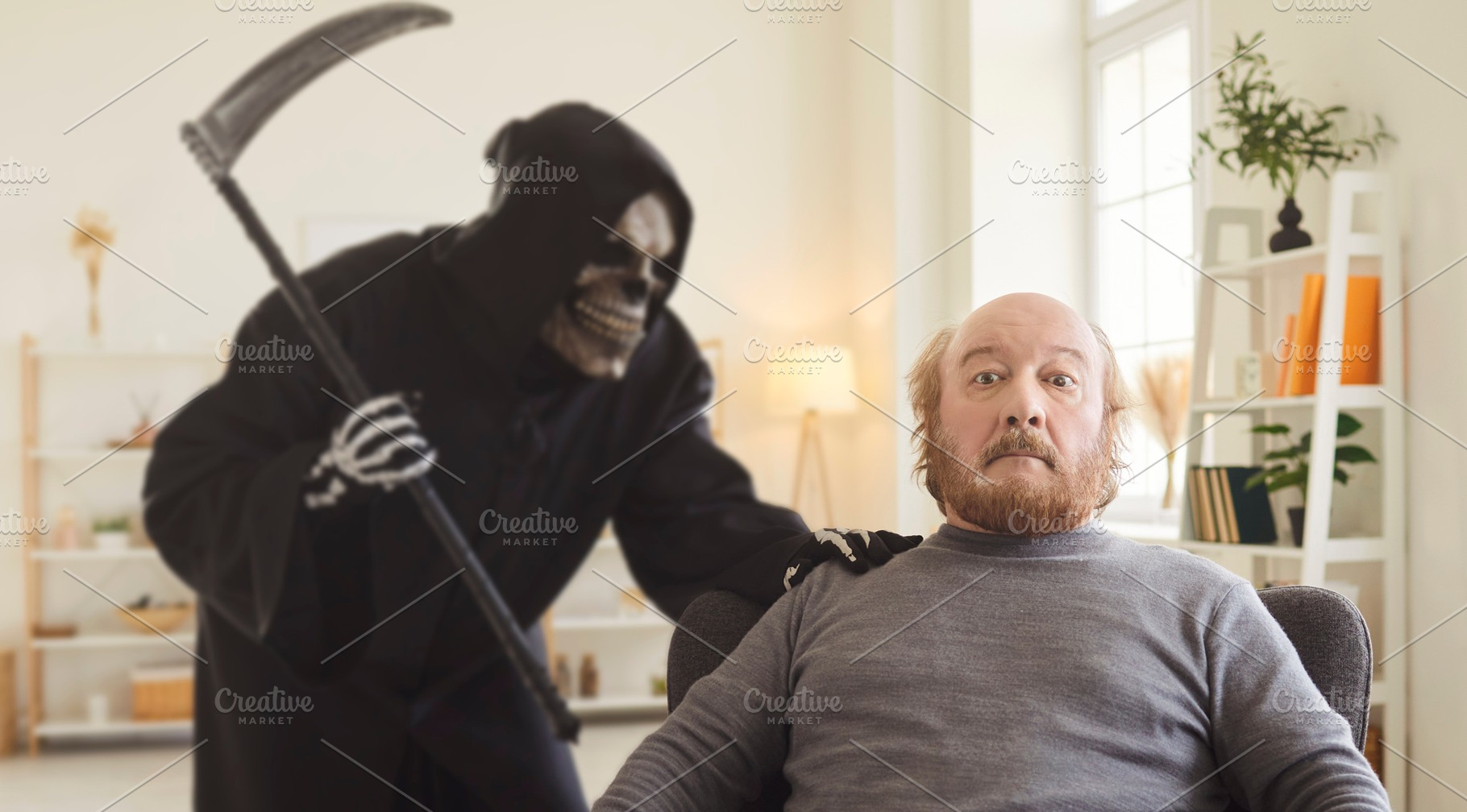Grim Reaper Behind Scared Old Man, a Person Photo by StudioRomantic