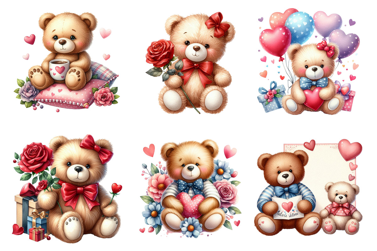 Watercolor Teddy Bear Valentine PNG, an Illustration by SinaCreation (Photo 3 of 7)