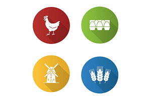 Agriculture Flat Design Long Shadow Glyph Icons Set