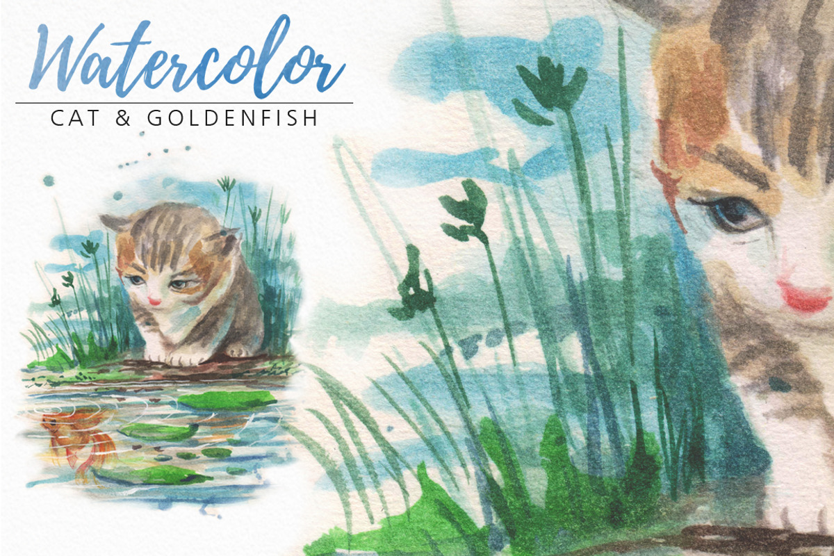 watercolor cat and goldenfish, an Animal Illustration by Graphobia (Photo 1 of 5)