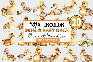 Mother And Baby Duck Watercolor Bund