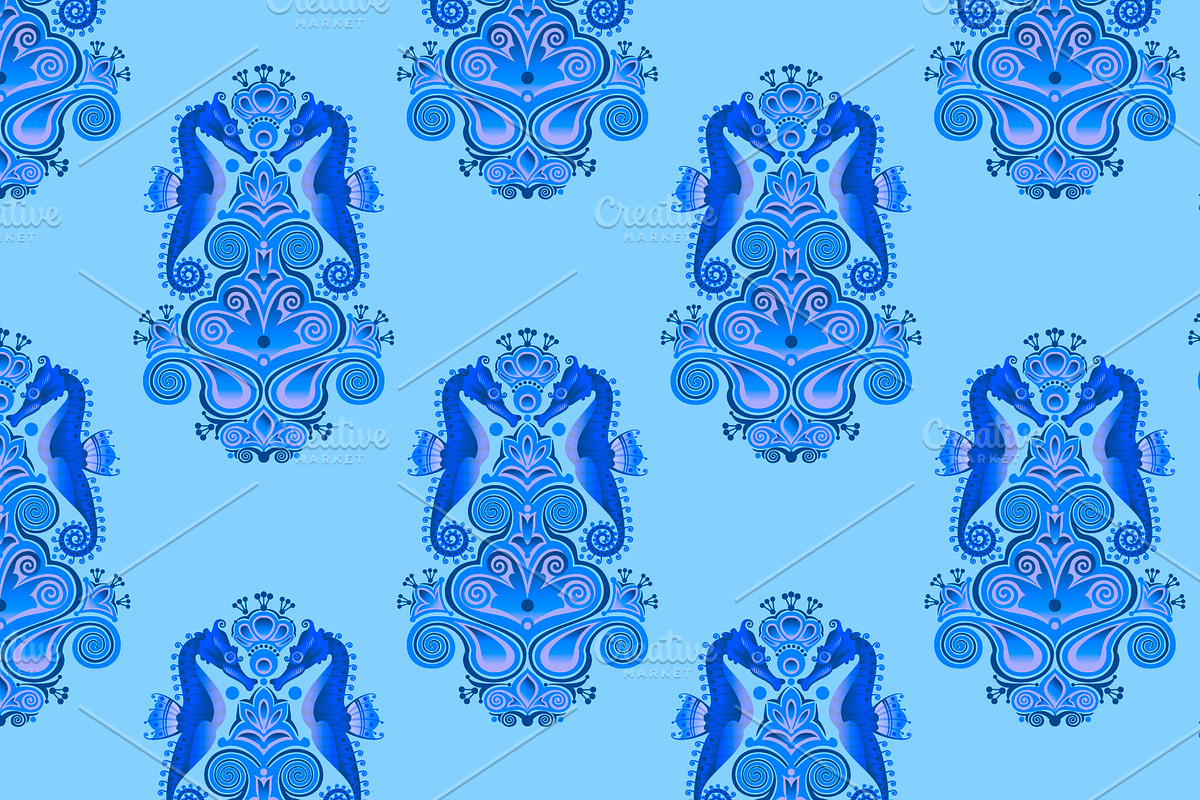 Sea Horse. Art and seamless pattern, a Pattern Graphic by sovarina (Photo 2 of 9)