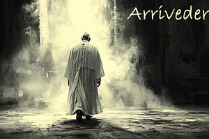Papal figure leaving through illuminated mist with an atmosphere of farewell, a Photo by AS photostudio