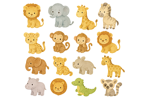 Cute Safari Animal Watercolor  Set, an Object Graphic by nikagraphic