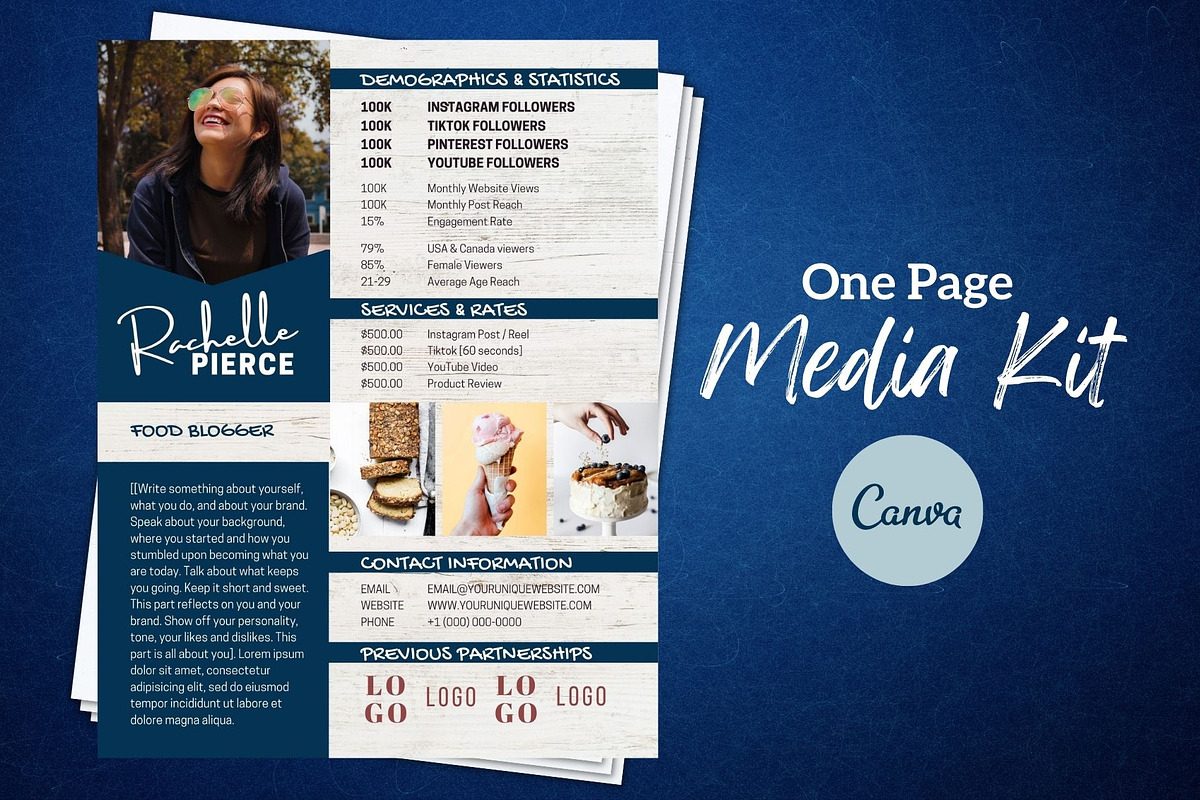 One Page Media Kit in Navy Blue [A], a Templates & Theme by ProductiveandFree (Photo 1 of 11)