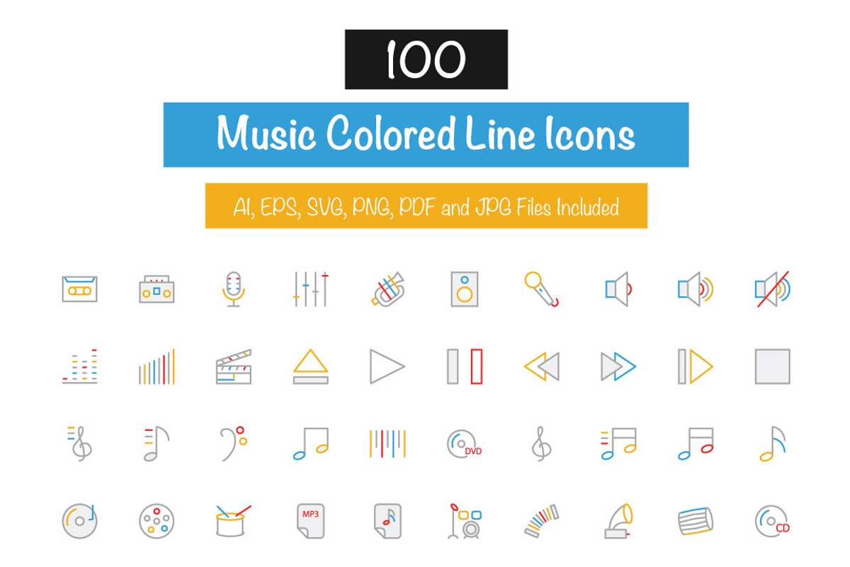 100 Music Colored Line Icons