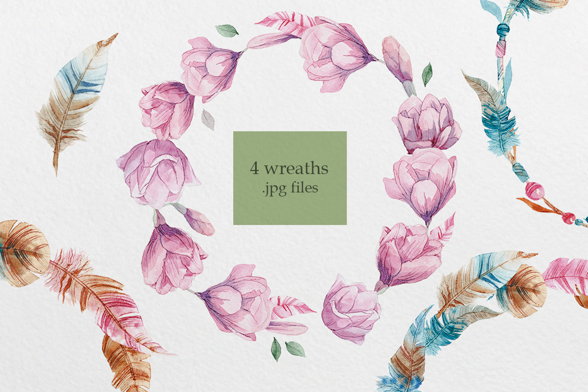 Watercolor feather and flowers, a Texture Illustration by katyabuslaeva (Photo 3 of 4)