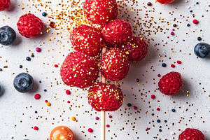 A vibrant display of fresh raspberries and blueberries adorned with edible glit, a Background Photo by ImageMir