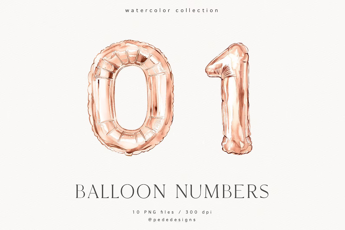 Rose Gold Balloon Numbers, a Decorative Illustration by PeDe Designs (Photo 2 of 7)