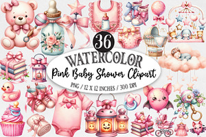 Watercolor Pink Baby Shower Clipart, an Illustration by Designking