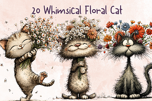 Whimsical Floral Cat Clipart, an Animal Illustration by GiraffeCreative