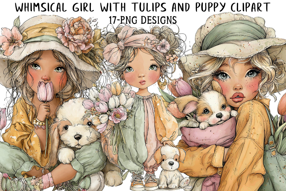Whimsical Girl And Puppy Clipart, an Illustration by Daily.Designs (Photo 1 of 5)