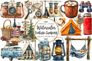 Vintage Camping Watercolor Clipart, an Illustration by OK Design