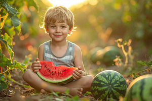Child Eating Watermelon in Summer Garden, a Food & Drink Photo by Davizro's Market
