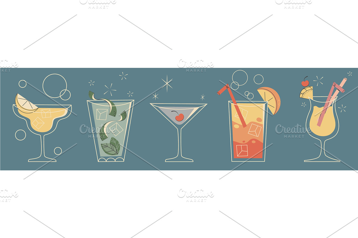 Retro cocktail glasses set isolated, a Food Illustration by art PVP - market