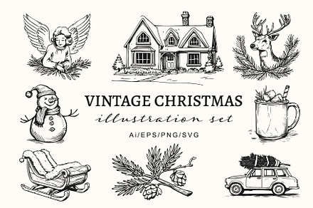 Vintage Christmas Illustration Set, an Object Illustration by NatalieArtShop
