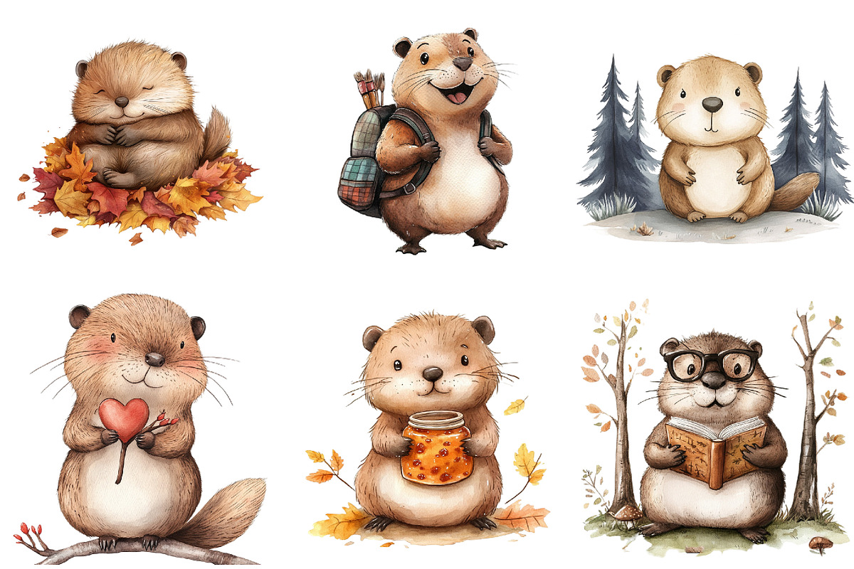Cute Beaver Clip Art, Woodland Anima, an Illustration by Watercolor design (Photo 3 of 5)