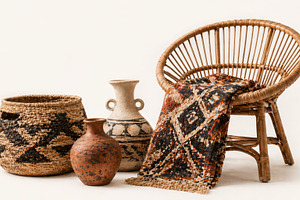 Afrobohemian home interior decor with woven items and pottery on, a Photo by Dvoevnore photos