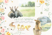 Hello Spring Watercolor ClipArt, an Animal Illustration by whiteheartdesign (Thumbnail 1 of 24)