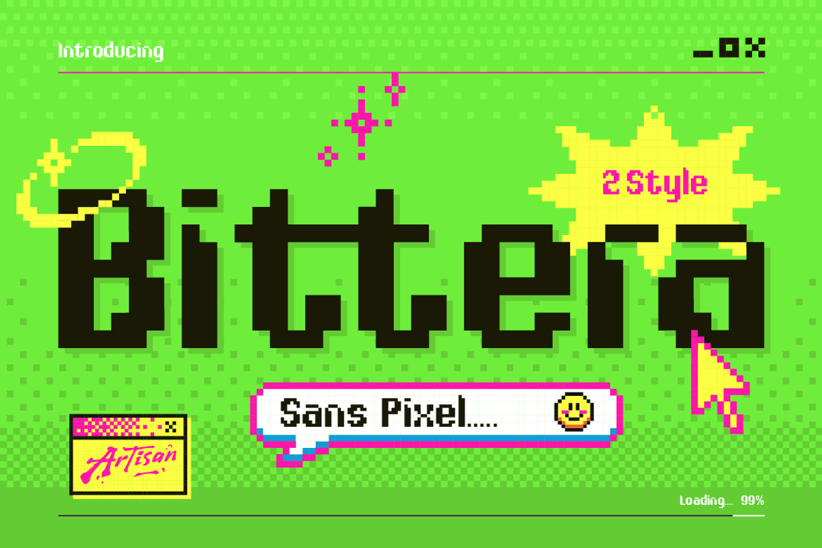 Bittera - Retro 8-bit Pixel, a Sans Serif Font by Artisan Themes (Photo 1 of 11)