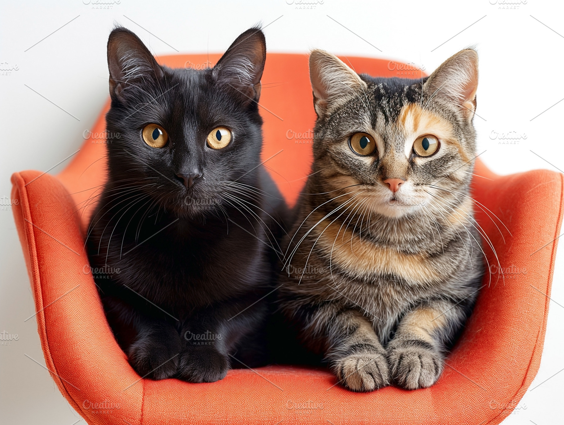 Two adorable cats, one black and one tabby, relaxing together on a bright orang, an Animal Photo by ImageMir