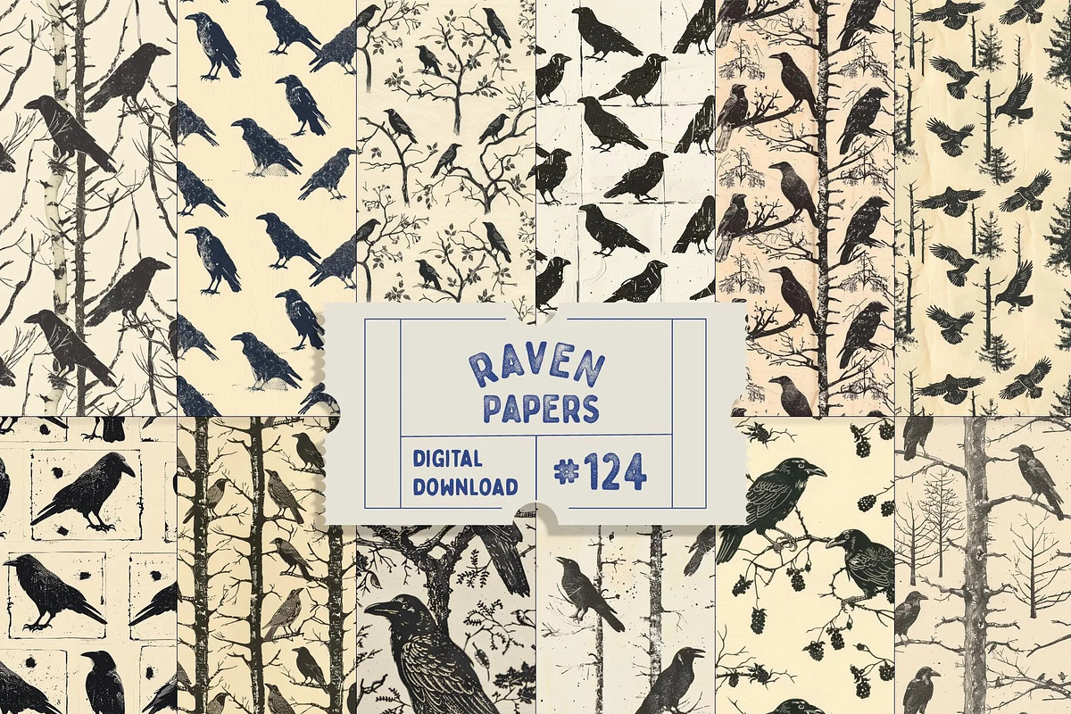 Crow Stamp Printed Seamless Patterns, a Pattern Graphic by Natural Planners (Photo 1 of 4)