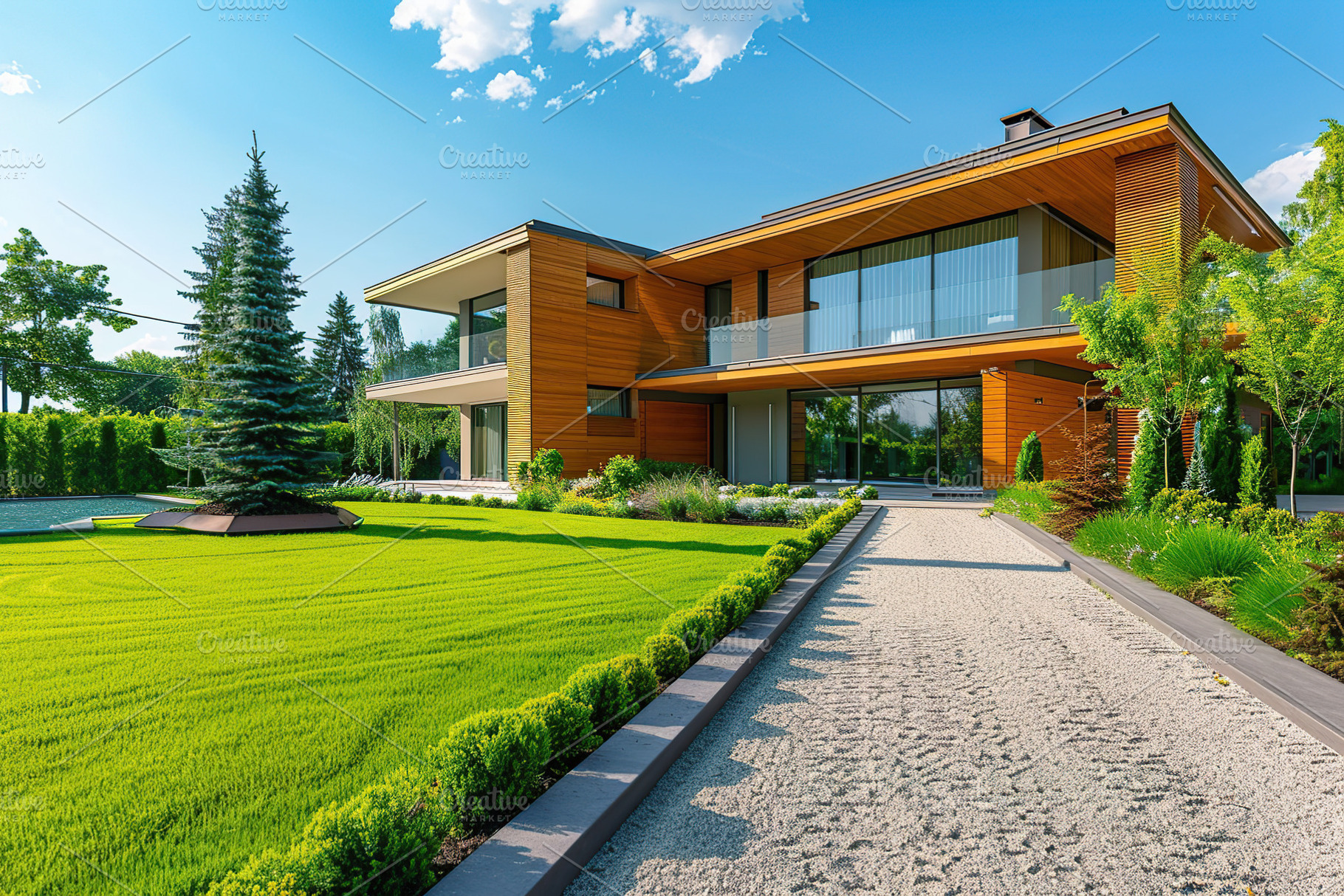 Modern house in suburb with beautiful green landscape, an Architecture Photo by AlyaAnd