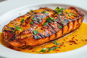Grilled salmon fillet topped with spices and curry sauce served on a white plat, a Food & Drink Photo by AlyaAnd