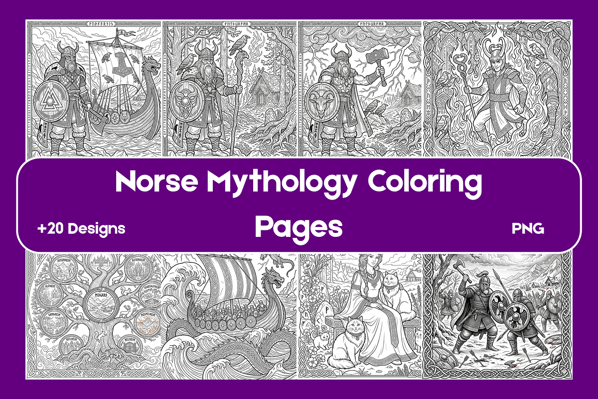 Norse Myth Coloring Pages, a Decorative Illustration by BerryPieArt (Photo 1 of 3)