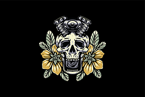 Skull with Pistons and Flowers, an Object Illustration by nomlimo.com