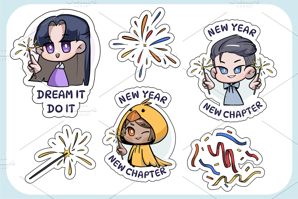 New Year Chibi Art Sticker Set 1, an Illustration by vectstudio (Photo 2 of 3)