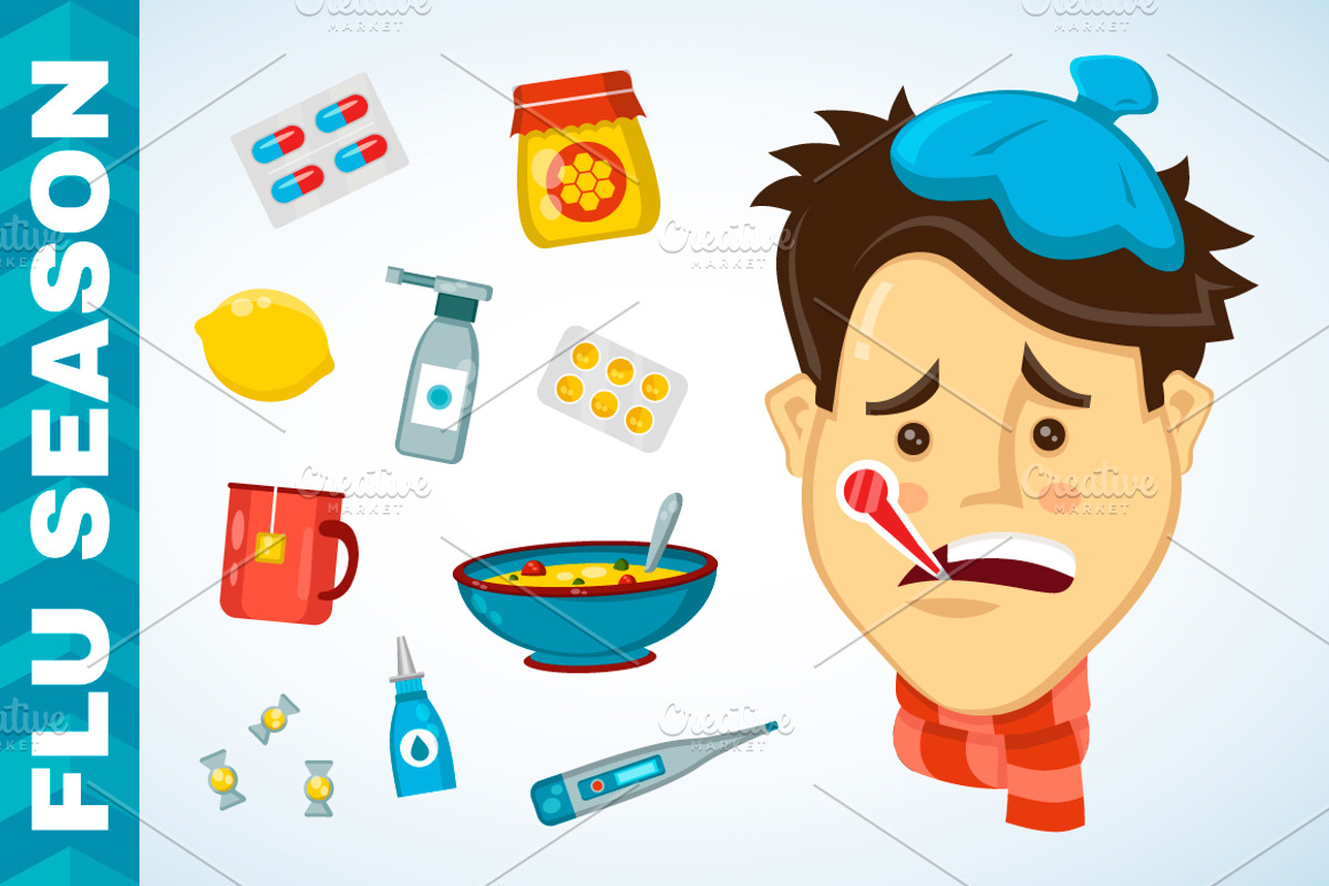 Sick man character and flat icon set, a Healthcare Illustration by Slavko Kahovsky