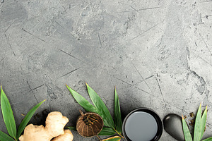 Asian Tea Set with Ginger and Green Leaves on Dark Stone Backgro, a Food & Drink Photo by Natalia Klenova's Shop